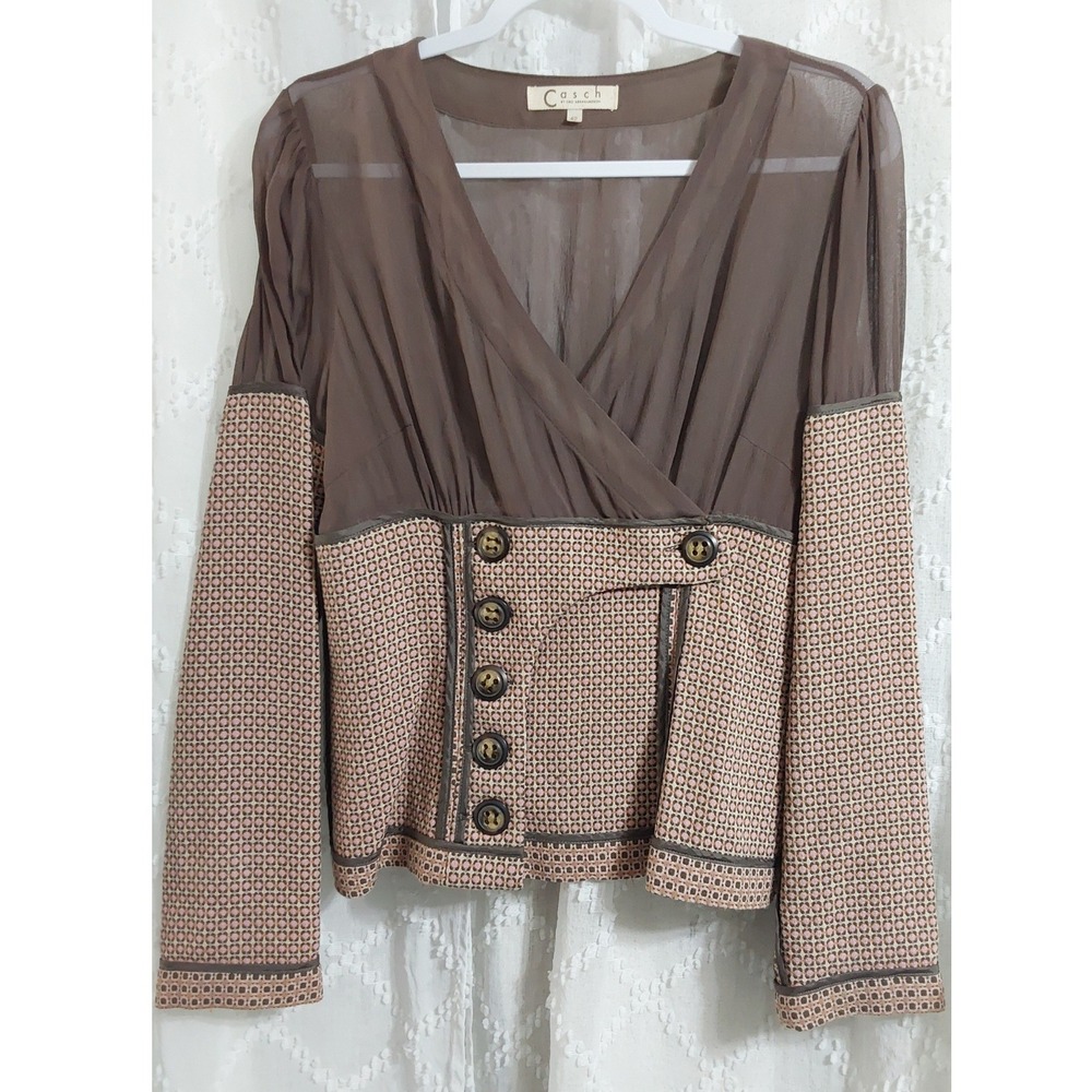 Casch by Gro Abrahamsson Brown Sheer Mixed Media Button Blouse Size 42